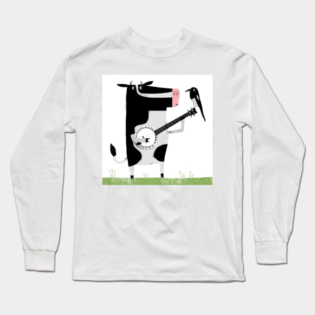 Banjo Cow with magpie Long Sleeve T-Shirt by Gareth Lucas